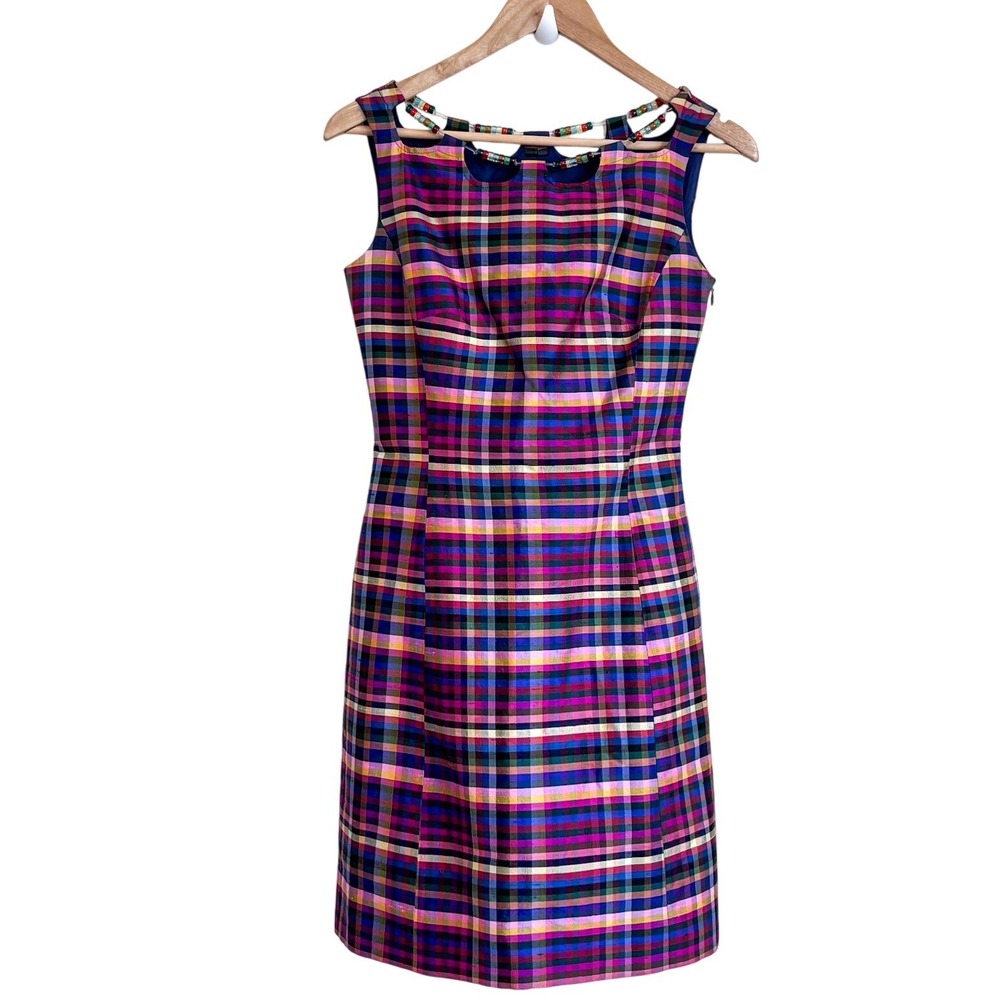 Vintage Moschino 90s Plaid Beaded Silk Dress 4 Multicolor Luxury Preppy Designer